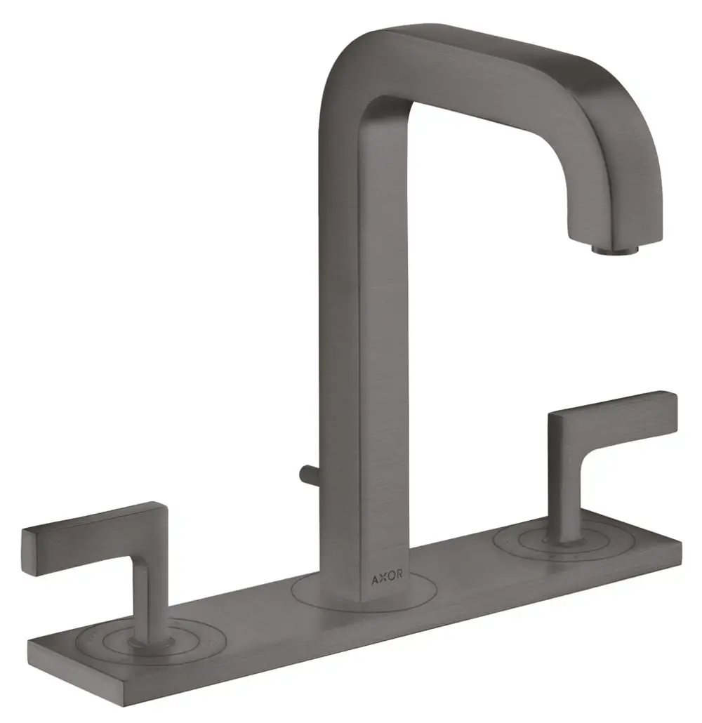 Waschtischarmatur von AXOR mit drei Löchern, zwei Hebelgriffen und geradem Auslauf, glänzende Oberfläche in Brushed Black Chrome, montiert auf einer flachen Basisplatte.